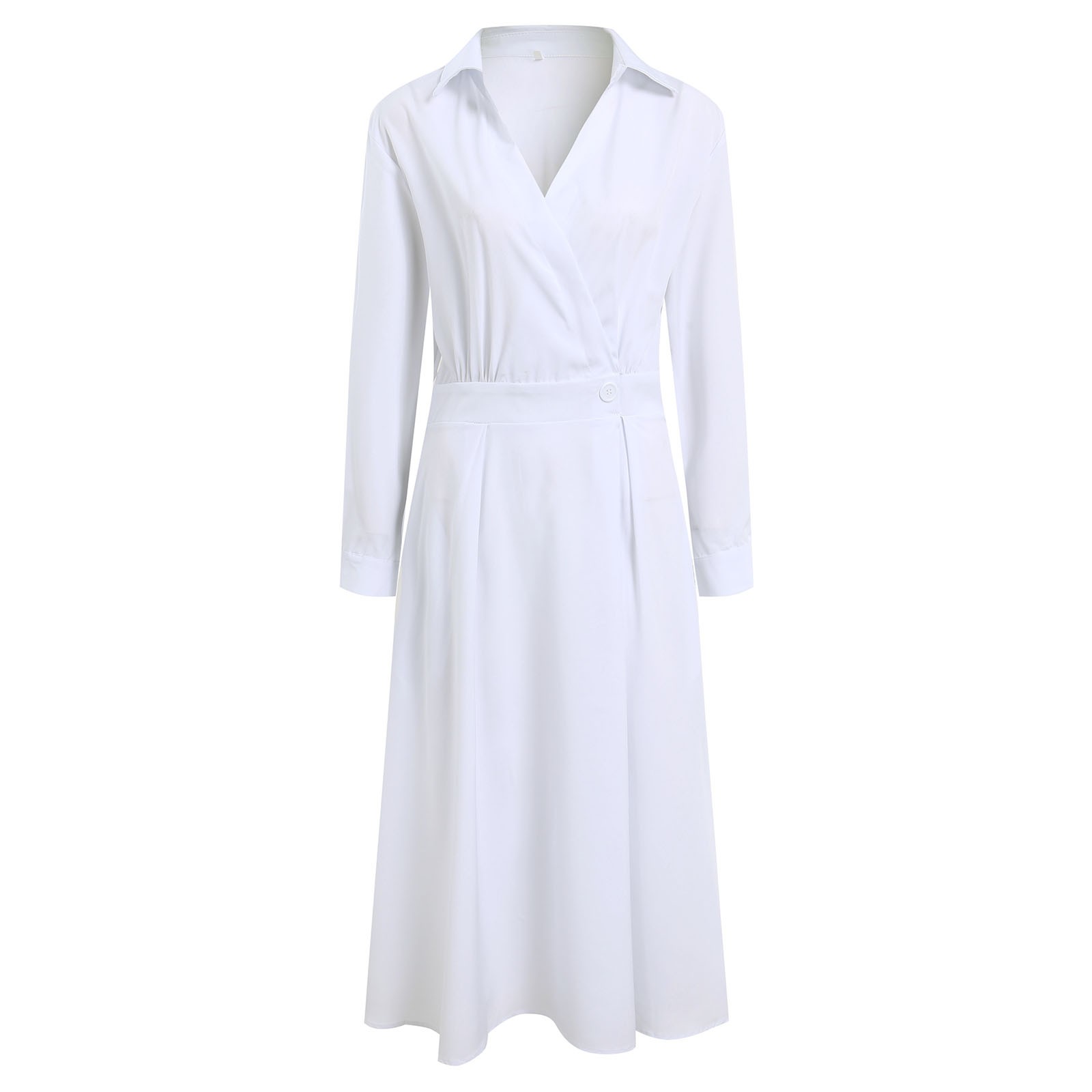 thumbnail image 5 of Vestido camisero de manga larga con cuello en V para mujer: vestido con bolsillos a rayas, poliéster y spandex, largo hasta la rodilla, para la oficina, informal y fiestas, 5 of 7